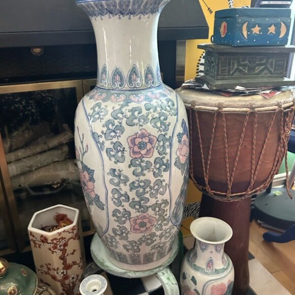 Vintage Blue and White Asian Vase with Pink Floral Accents w Birds 24 inch - Picture 7 of 15